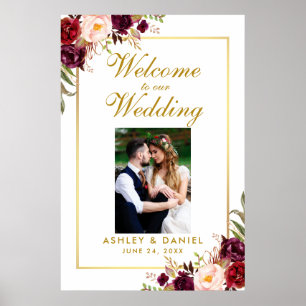 Floral Burgundy Gold Weduwschap Welkomstfoto Poster