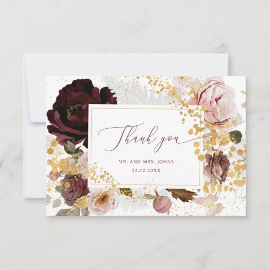 Floral burgundy goudval bruiloft bedankt kaart (Voorkant)