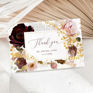 Floral burgundy goudval bruiloft bedankt kaart