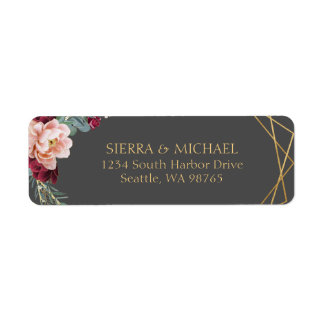 Floral Burgundy Gray Gold Wedding Return Address Etiket