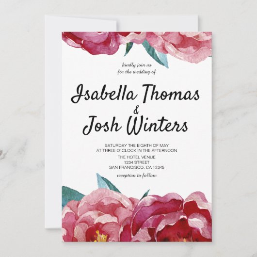 Floral Burgundy Marsala Peony Wedding Invitation Kaart (Voorkant)