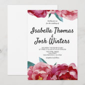 Floral Burgundy Marsala Peony Wedding Invitation Kaart (Voorkant / Achterkant)