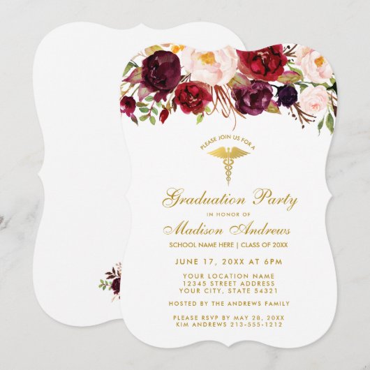 Floral Burgundy Medical Afstudeerder Gold Party In Kaart (Voorkant / Achterkant)