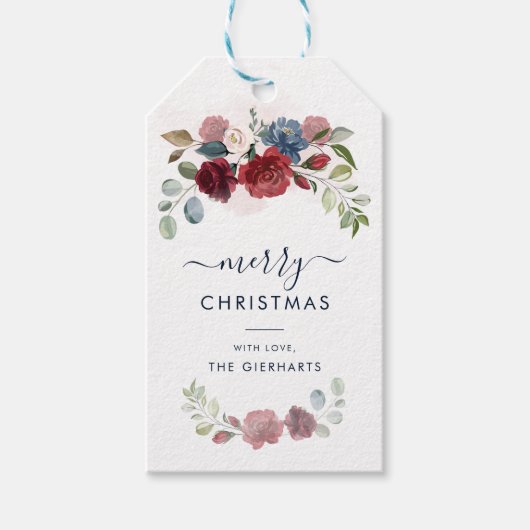 Floral Burgundy Merry Kerstmis Modern Cadeaulabel (Voorkant)