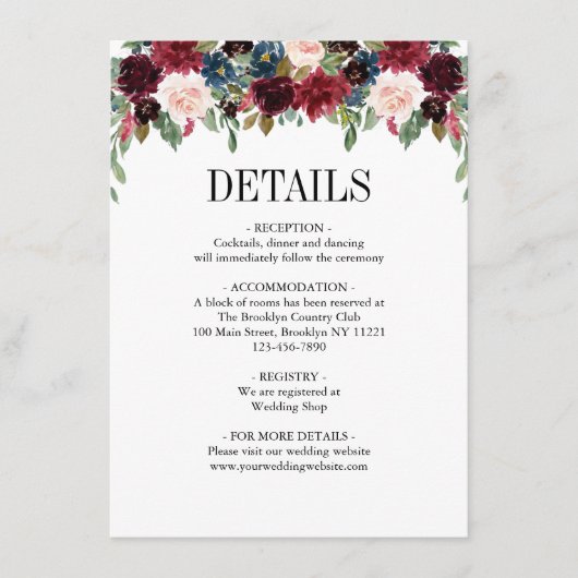 Floral Burgundy Navy Blue Classic Wedding Informatiekaartje (Voorkant)