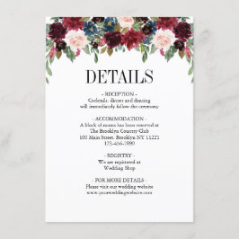 Floral Burgundy Navy Blue Classic Wedding Informatiekaartje