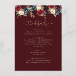 Floral Burgundy Navy Blue Red Jewel Tone Weddensch Informatiekaartje
