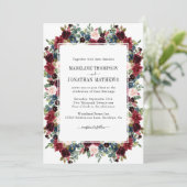 Floral Burgundy Navy Blue Square Border Weddenscha Kaart (Staand voorkant)