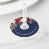 Floral Burgundy Navy Blue Vrijgezellenfeest Wijnglaslabel (Dichtbij)