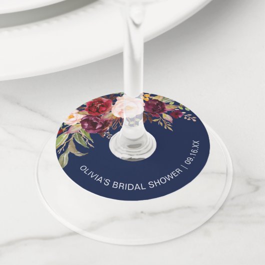 Floral Burgundy Navy Blue Vrijgezellenfeest Wijnglaslabel (Dichtbij)