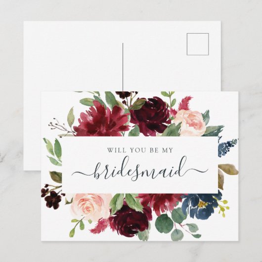 Floral Burgundy Navy Bouquet... Feestdagenkaart (Voorkant / Achterkant)