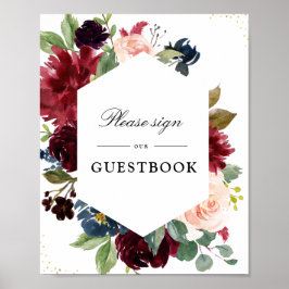 Floral Burgundy & Navy-bruintekenbord Poster