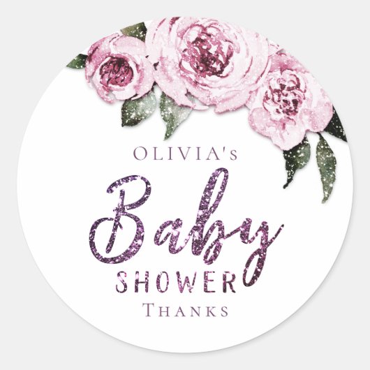 Floral burgundy paars glitter baby shower ronde sticker (Voorkant)
