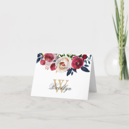 Floral Burgundy Peach Navy Botanical Monogram Bedankkaart
