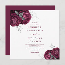 Floral Burgundy Peonies Elegant Wedding Kaart