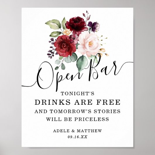 Floral Burgundy Pink Blush Bouquet Open Bar Sign Poster (Voorkant)