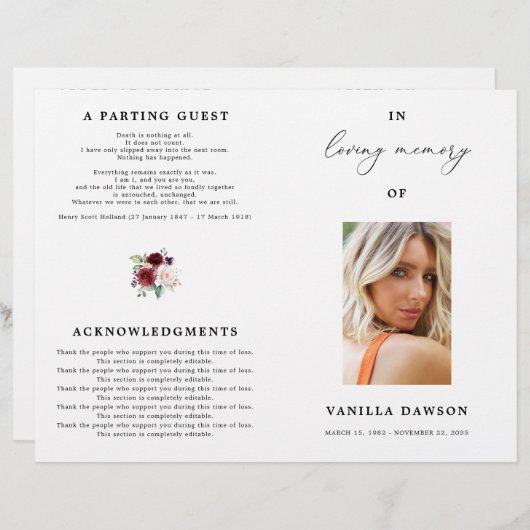 Floral Burgundy - programma voor de viering van he (Voorkant / Achterkant)