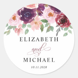 Floral Burgundy Red Blush Plum Waterverf Weddensch Ronde Sticker