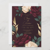 Floral Burgundy Red Cream Rozen Luxe Weding Kaart (Voorkant)