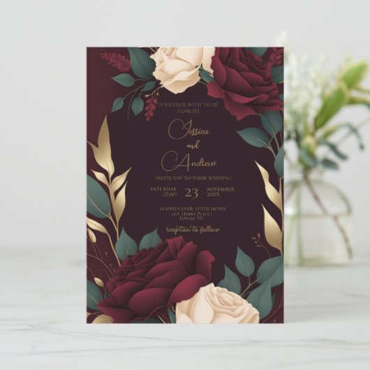 Floral Burgundy Red Cream Rozen Luxe Weding Kaart (Staand voorkant)