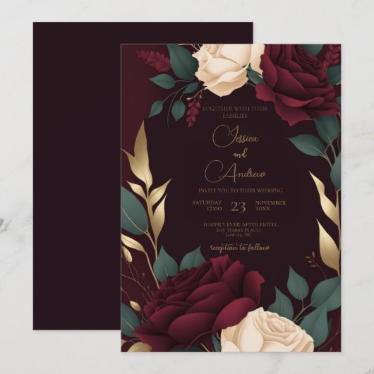 Floral Burgundy Red Cream Rozen Luxe Weding Kaart (Voorkant / Achterkant)
