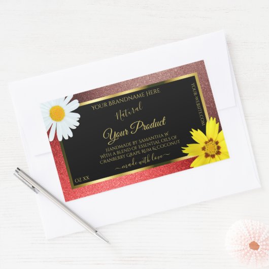 Floral Burgundy Red Glitter Black Product Labels (Envelop)