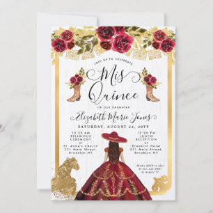 Floral Burgundy Red Gold Horse Charra Quinceanera Kaart