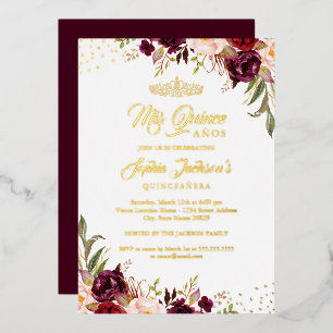 Floral Burgundy Red Gold Quinceanera Folie Uitnodiging