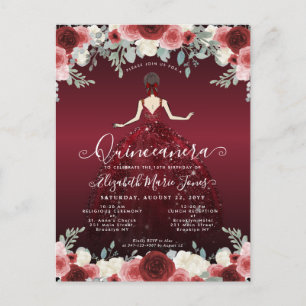 Floral Burgundy Red Princess Birthday Quinceanera Briefkaart