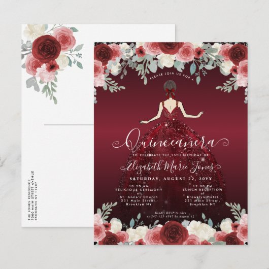 Floral Burgundy Red Princess Birthday Quinceanera Briefkaart (Voorkant / Achterkant)