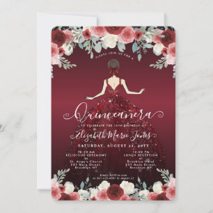 Floral Burgundy Red Princess Birthday Quinceanera Kaart