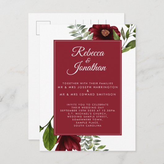 Floral Burgundy Red Wedding Uitnodiging Briefkaart (Voorkant / Achterkant)