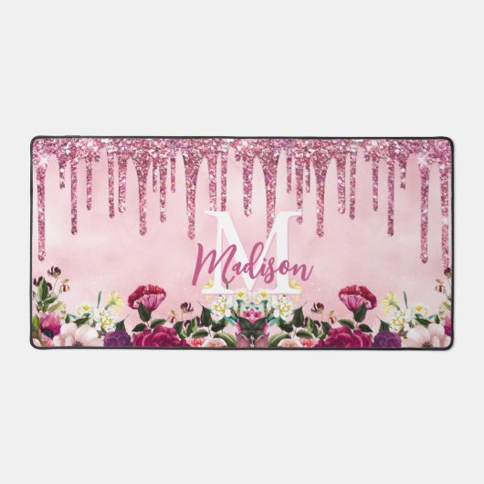 Floral Burgundy roze druppelend glitter monogram Bureaumat (Voorkant)