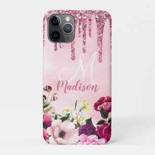 Floral Burgundy roze druppelend glitter monogram Case-Mate iPhone Case