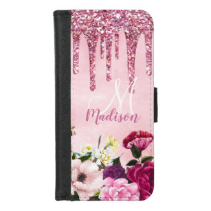 Floral Burgundy roze druppelend glitter monogram iPhone 8/7 Portemonnee Hoesje