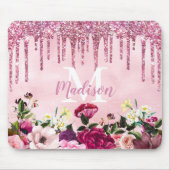 Floral Burgundy roze druppelend glitter monogram Muismat (Voorkant)