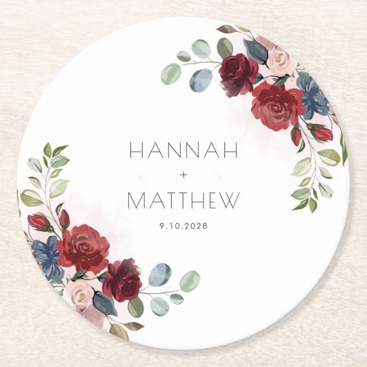 Floral Burgundy Script Chic Wedding Ronde Kartonnen Onderzetter (Voorkant)