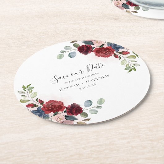 Floral Burgundy Script Weduwschap Save the Date Ronde Kartonnen Onderzetter (Gebogen)