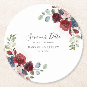 Floral Burgundy Script Weduwschap Save the Date Ronde Kartonnen Onderzetter