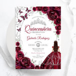 Floral Burgundy Silver Quinceanera Kaart<br><div class="desc">Burgundy silver and white floral Quinceanera celebration invitation. Features brunette girl in ball gown dress,  script font,  silver butterflies,  watercolor roses and tiara. Perfect for an elegant princess style glam celebration. Personalize with your own details. Printed Zazzle invitations or instant download digital printable template.</div>