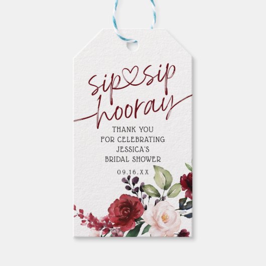 Floral Burgundy Sip Sip Hooray Vrijgezellenfeest Cadeaulabel (Voorkant)