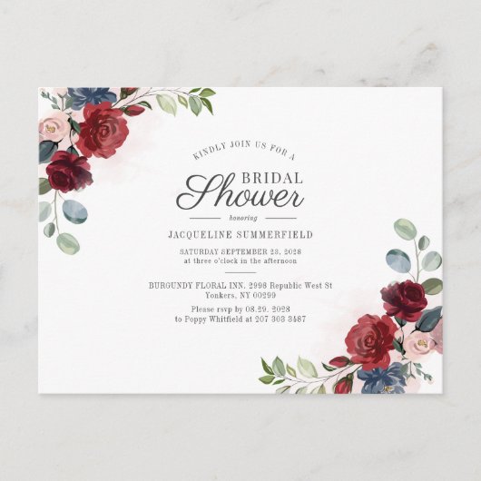 Floral Burgundy Waterverf Blush Vrijgezellenfeest Uitnodiging Briefkaart (Voorkant)