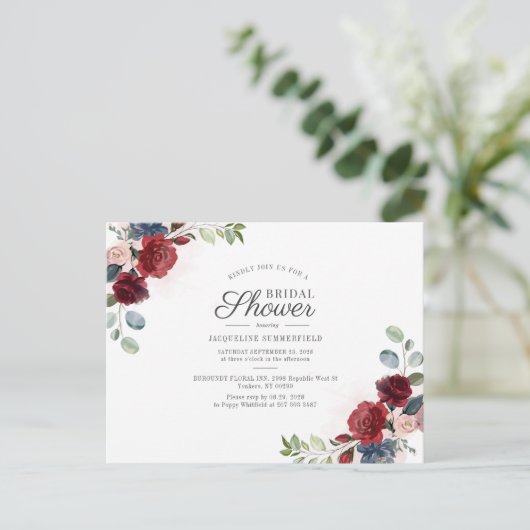 Floral Burgundy Waterverf Blush Vrijgezellenfeest Uitnodiging Briefkaart (Staand voorkant)