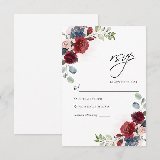 Floral Burgundy Waterverf Botanical Wedding RSVP Kaartje (Voorkant / Achterkant)
