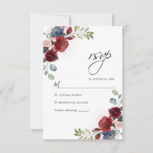 Floral Burgundy Waterverf Botanical Wedding RSVP Kaartje