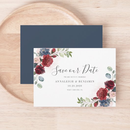 Floral Burgundy Waterverf Botanische mosterdblauw Save The Date