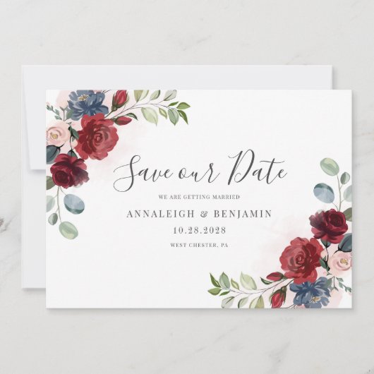 Floral Burgundy Waterverf Botanische mosterdblauw Save The Date (Voorkant)