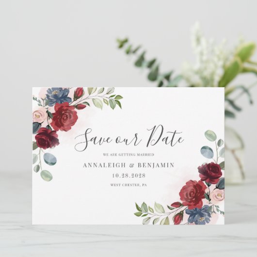 Floral Burgundy Waterverf Botanische mosterdblauw Save The Date (Staand voorkant)