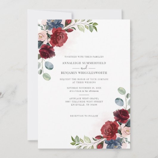 Floral Burgundy Waterverf Greenery Wedding Kaart (Voorkant)