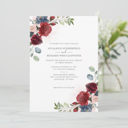 Floral Burgundy Waterverf Greenery Wedding Kaart (Staand voorkant)